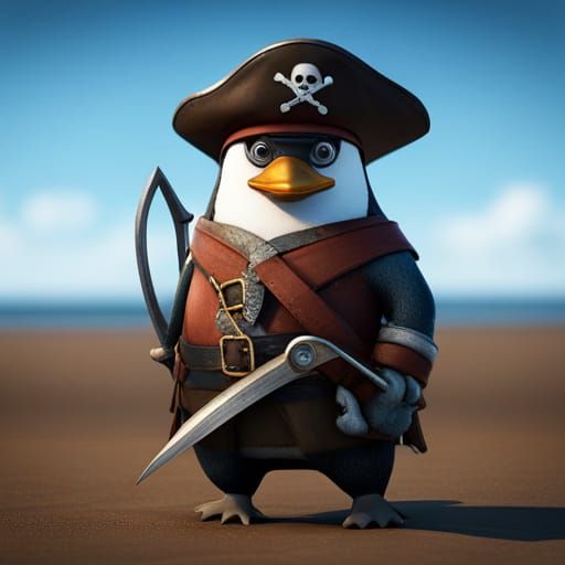 Pirate Penguin Digital Art in Detailed Painting Style