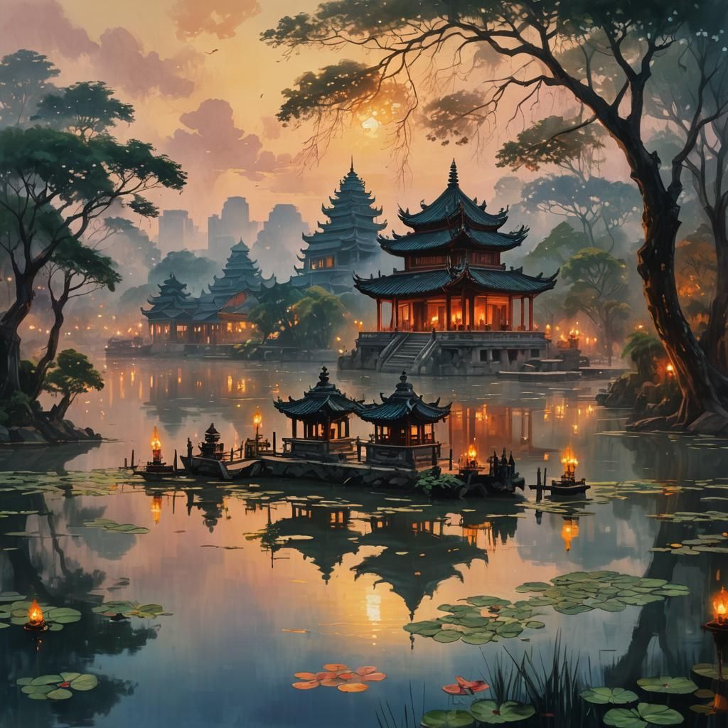 Hoan Kiem Lake Sunset: Fantasy Concept Art