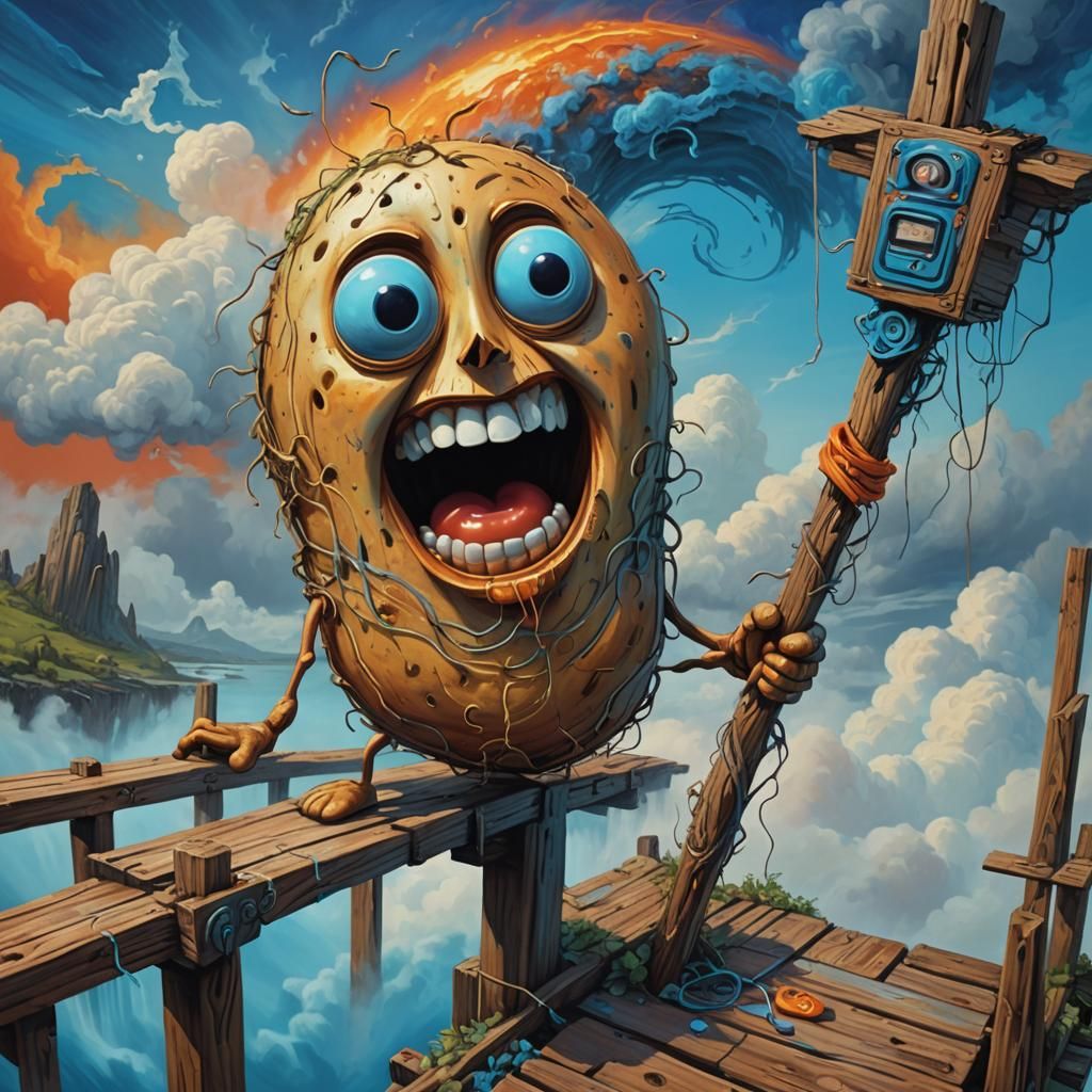 Anthropomorphic Potato on Bridge in Surreal Art