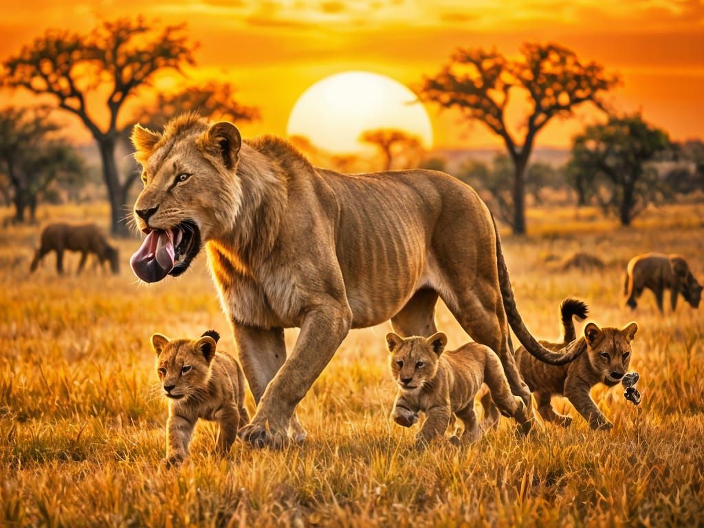 Fierce Lioness Strolls Through Golden Savannah with Cubs