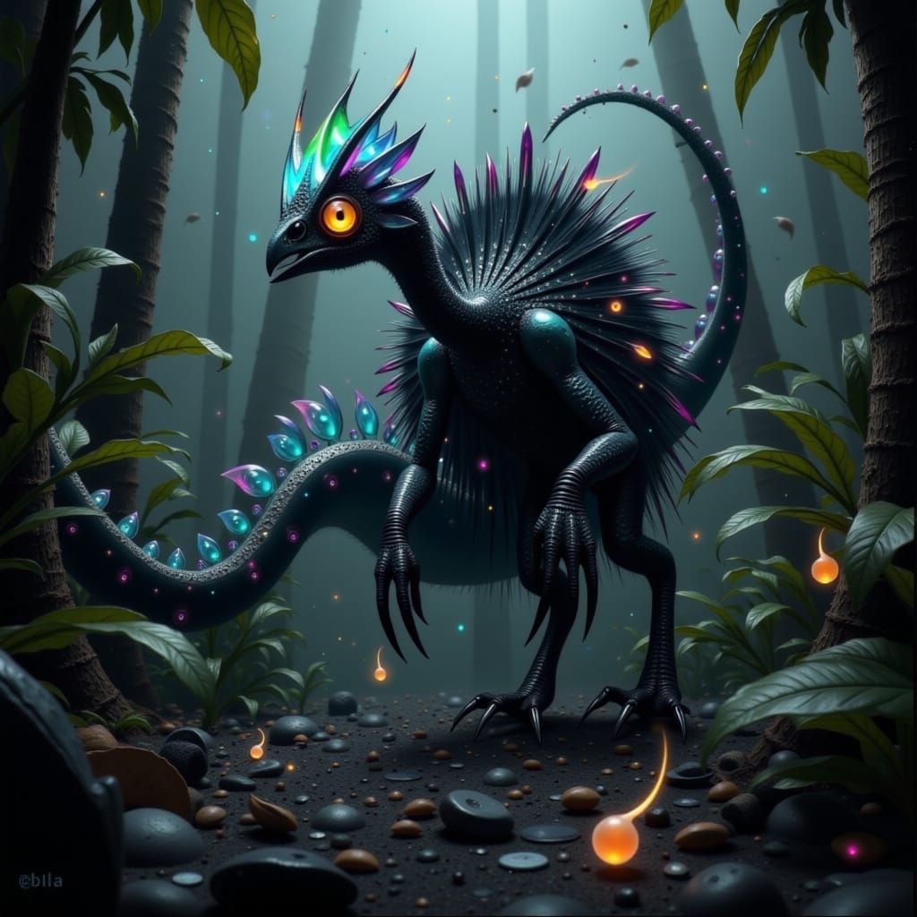 Cassowary-Eel Hybrid in Eerie Jungle Clearing