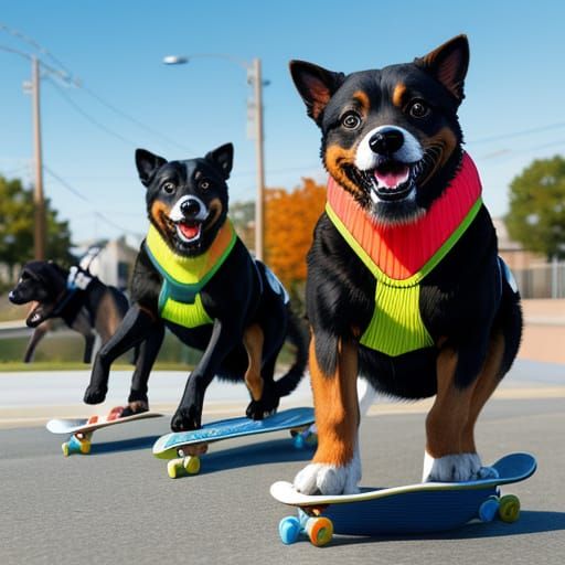 Adorable Dogs Skateboarding in a City Park