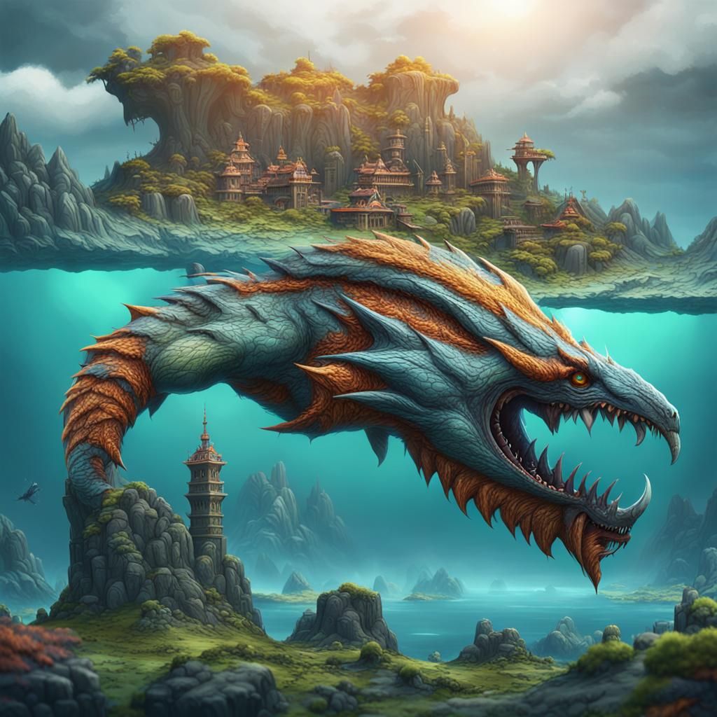 Fantastical Monster with Island, Detailed Matte Painting