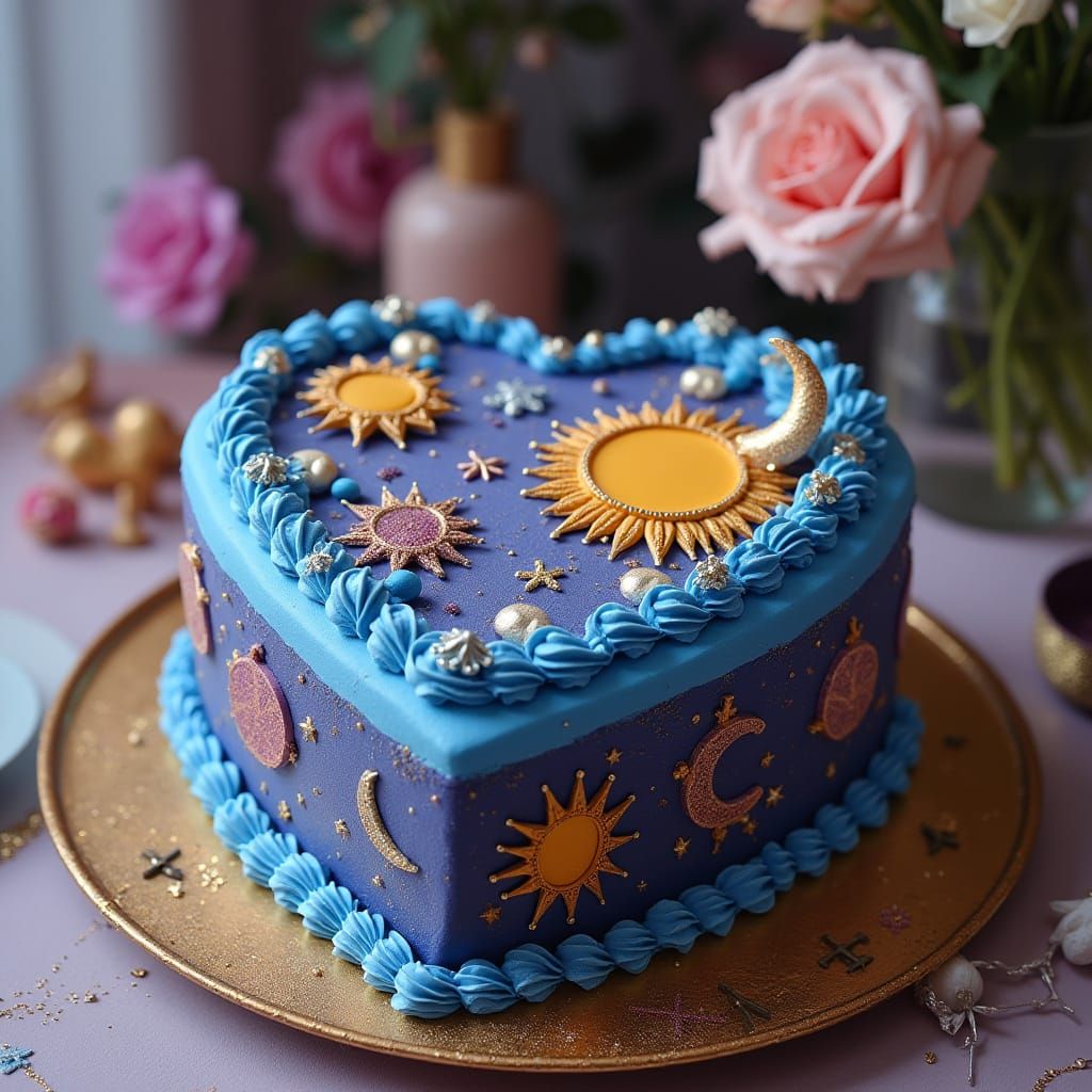 Heart Cake with Suns and Moons in Nouveau Style