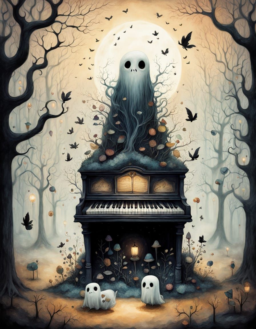 Eerie Ghost Plays Haunted Piano Amidst Misty Autumn Night