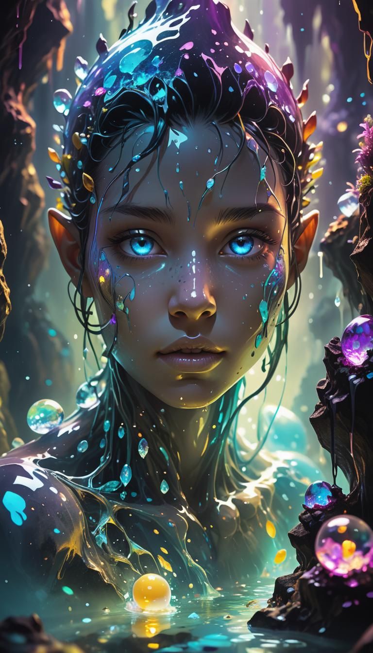 Water Elemental in Bioluminescent Crystal Cave