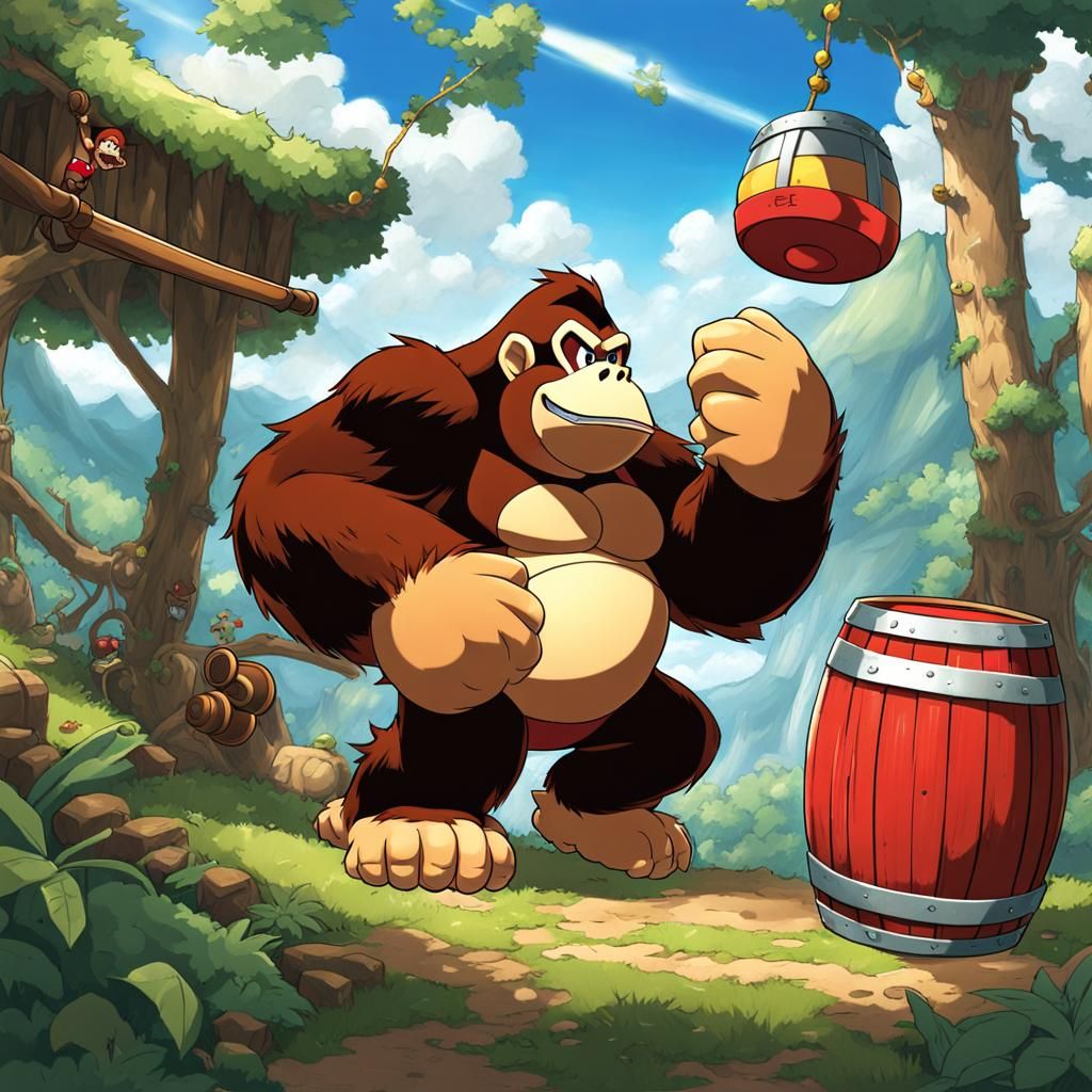 Donkey Kong Throws Barrel in Anime Style