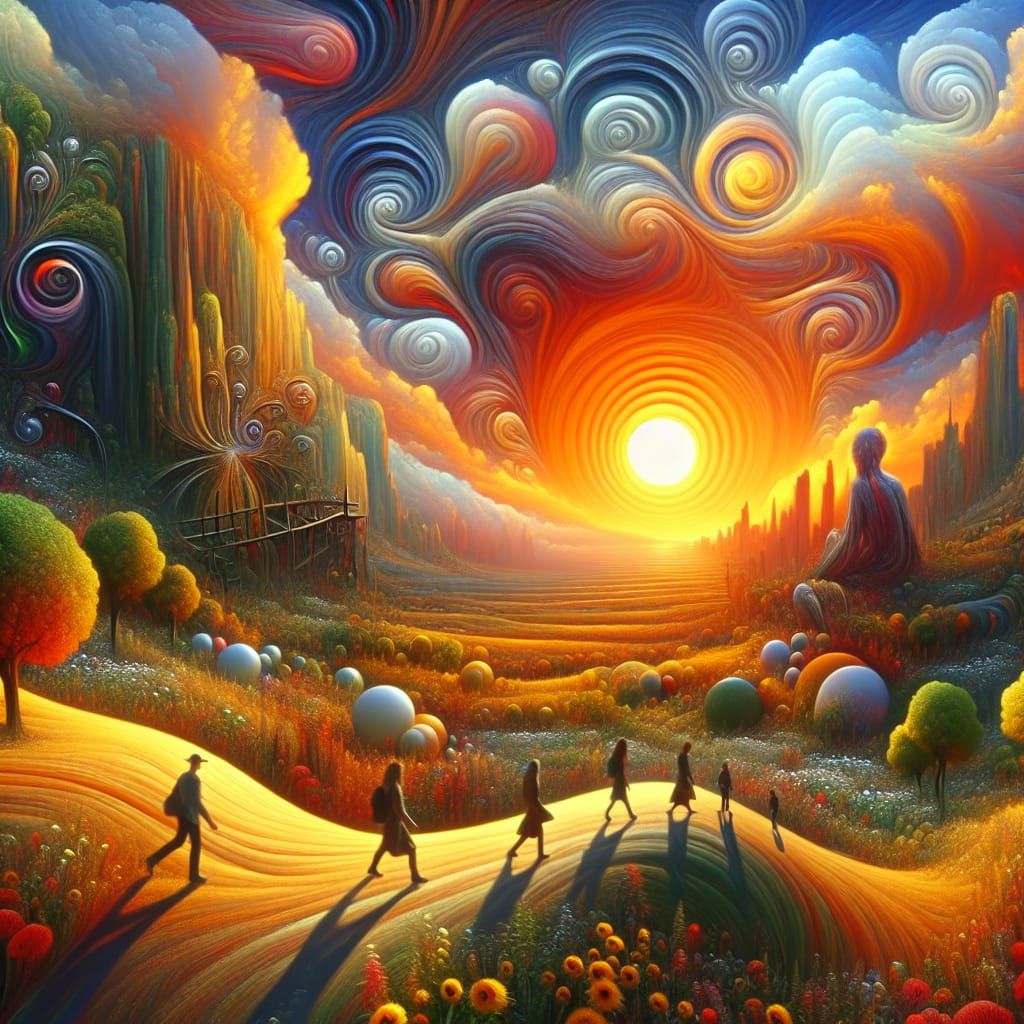 Ethereal Sunset Realm in Whimsical Oil Painting Style
