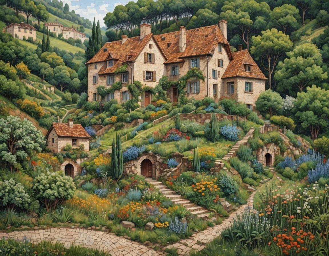 French Manor in Pointillism Mosaic-Art Textures