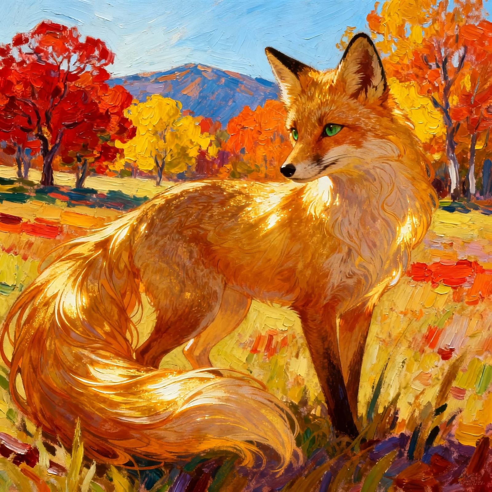 Beautiful Fox Portrait in Autumn Sun, Gauguin Style