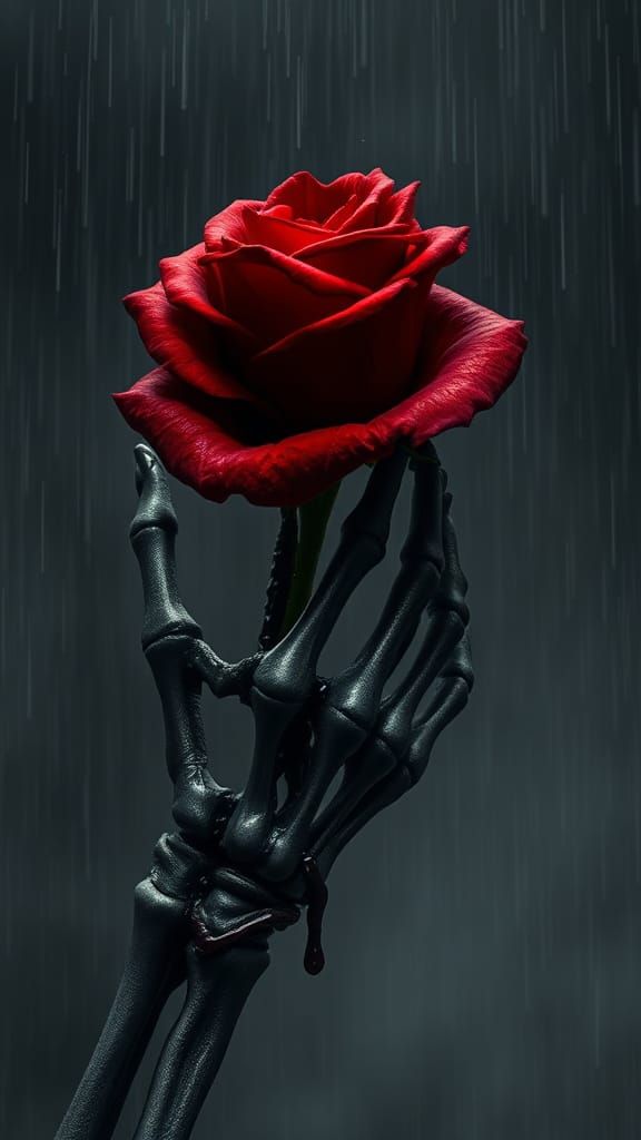 Skeletal Hand Cradling Crimson Rose in Grayscale