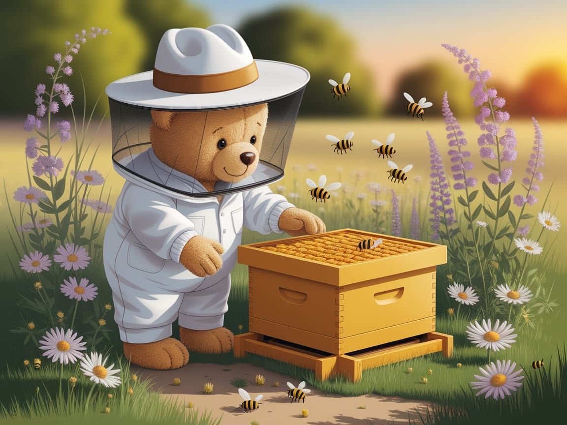 Teddy Bear Beekeeper in Sunlit Meadow