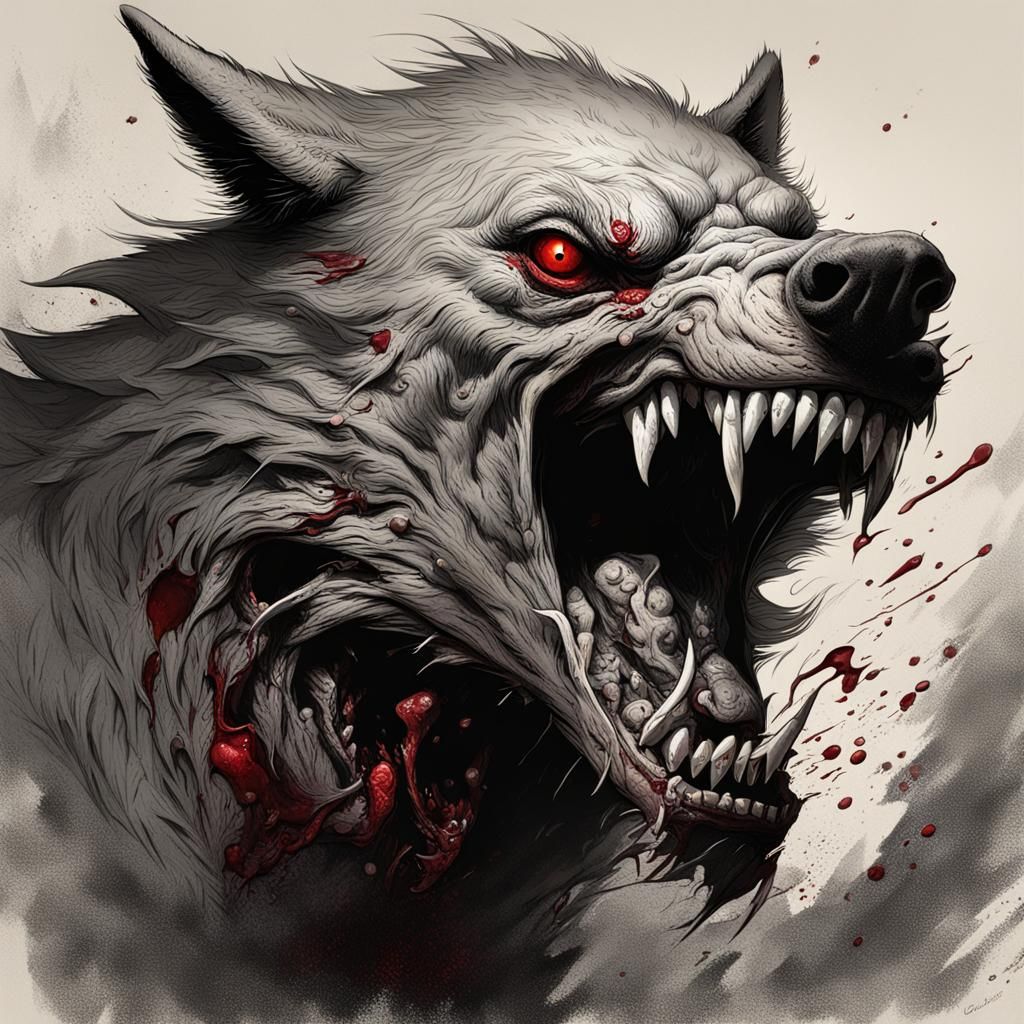 Menacing Wolf with Bloody Teeth in Horror Style