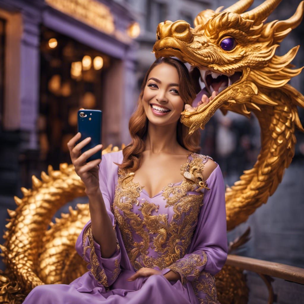 Elegant Woman's Dragon Selfie: 8K Portrait
