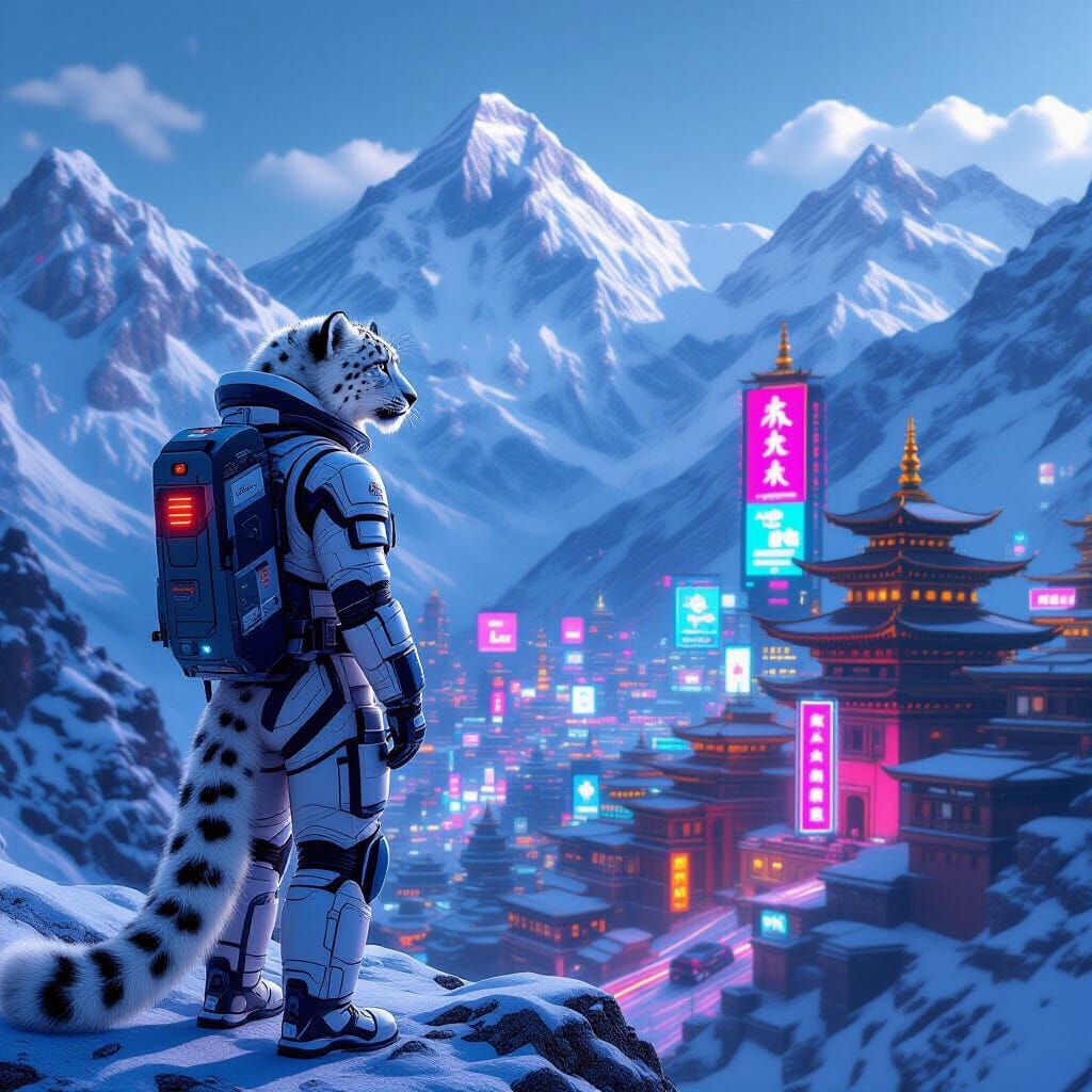 Snow Leopard in Cyberpunk Himalayan City