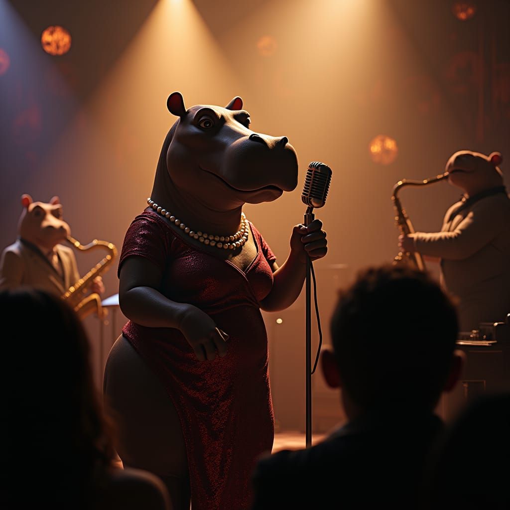 Vintage Hippo Singer Croons the Blues in Matte Painting Styl...