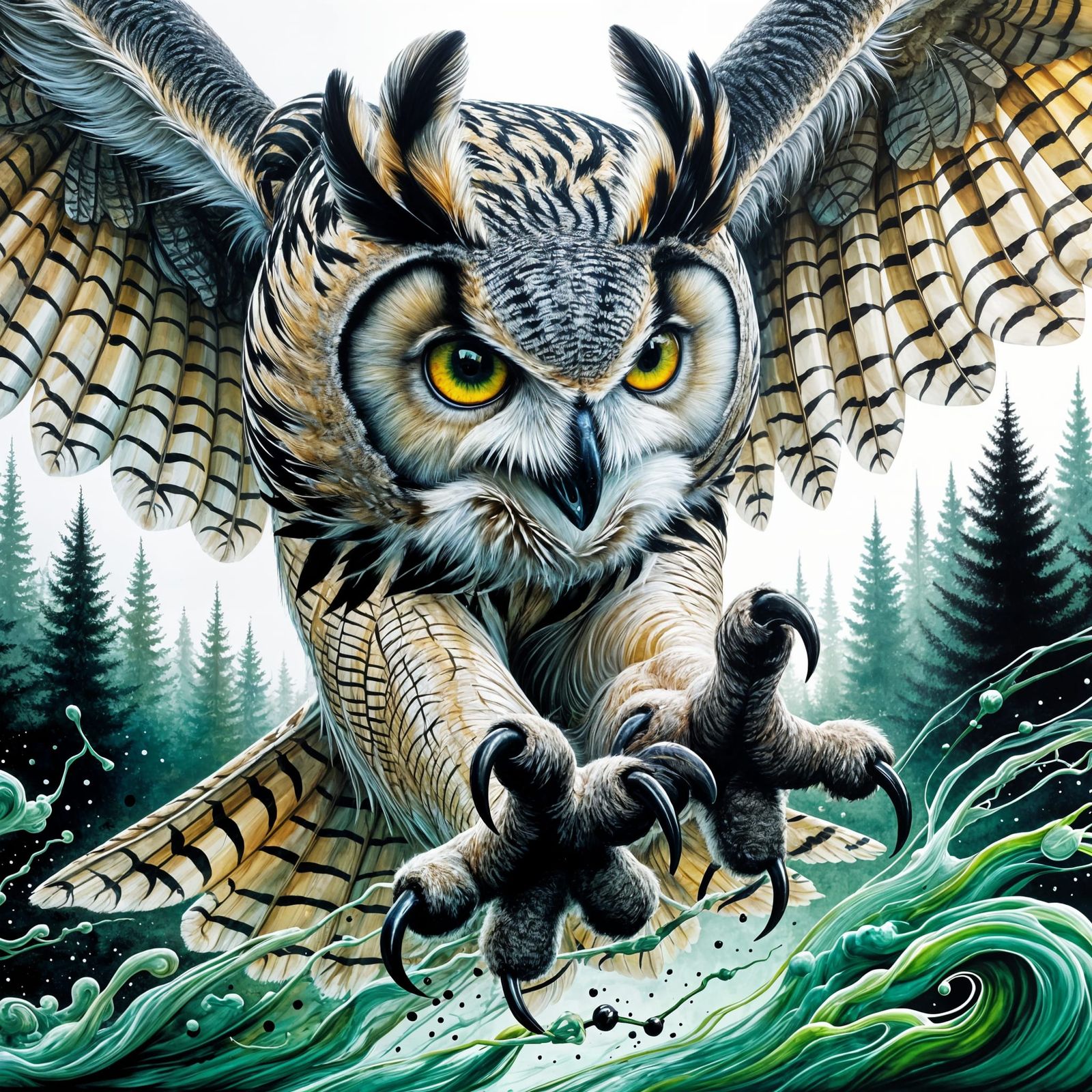 Owl in Flight: Oil and Alcohol Ink Painting