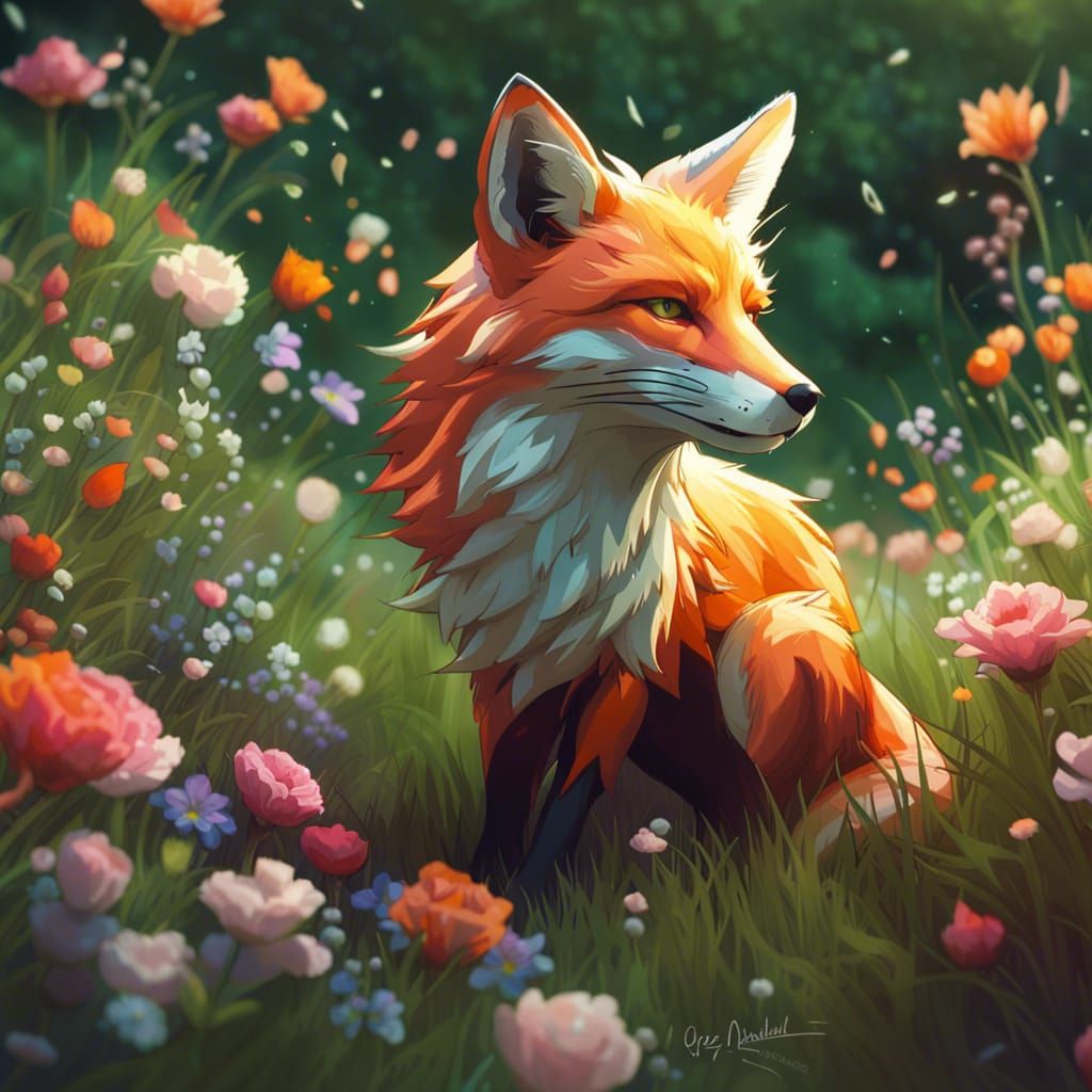 Fox Among Flowers: Hyperdetailed Art Portrait