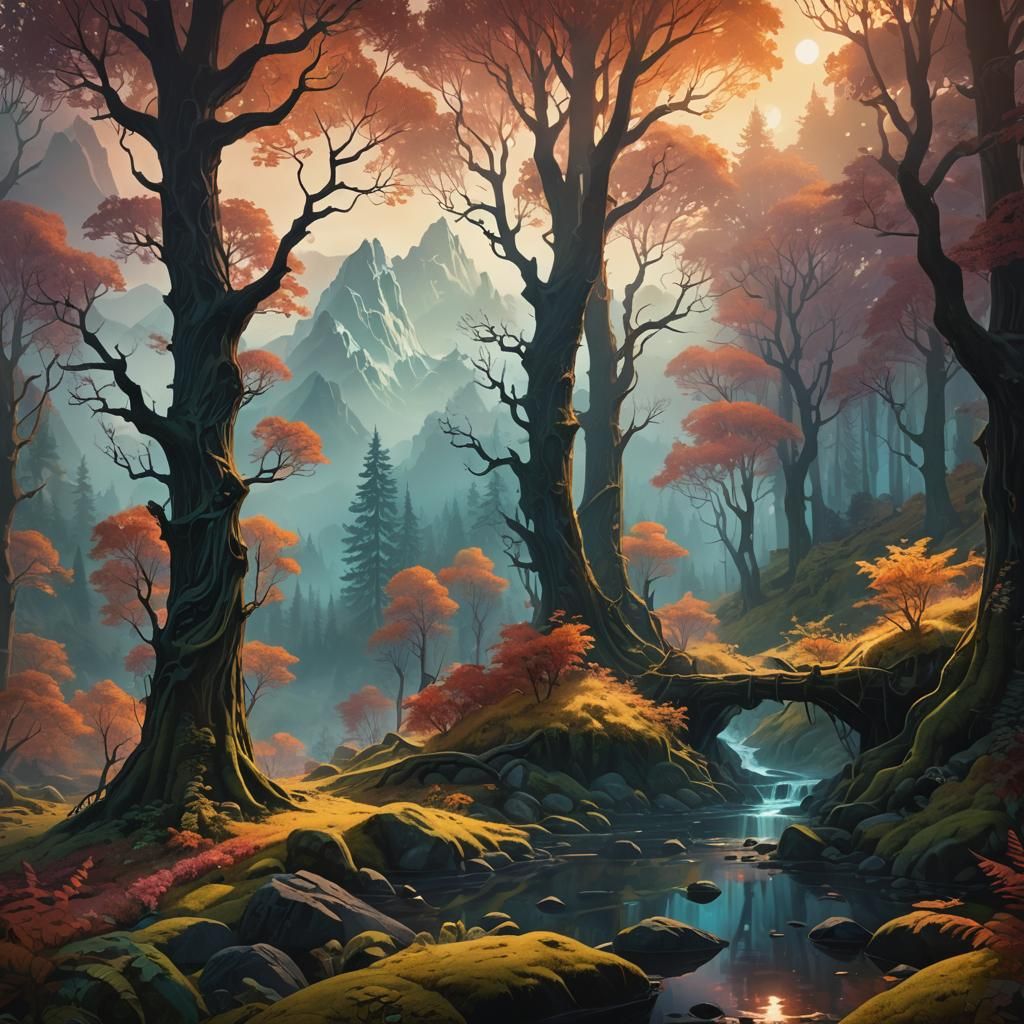 Mystical Forest Landscape in Art Nouveau Style