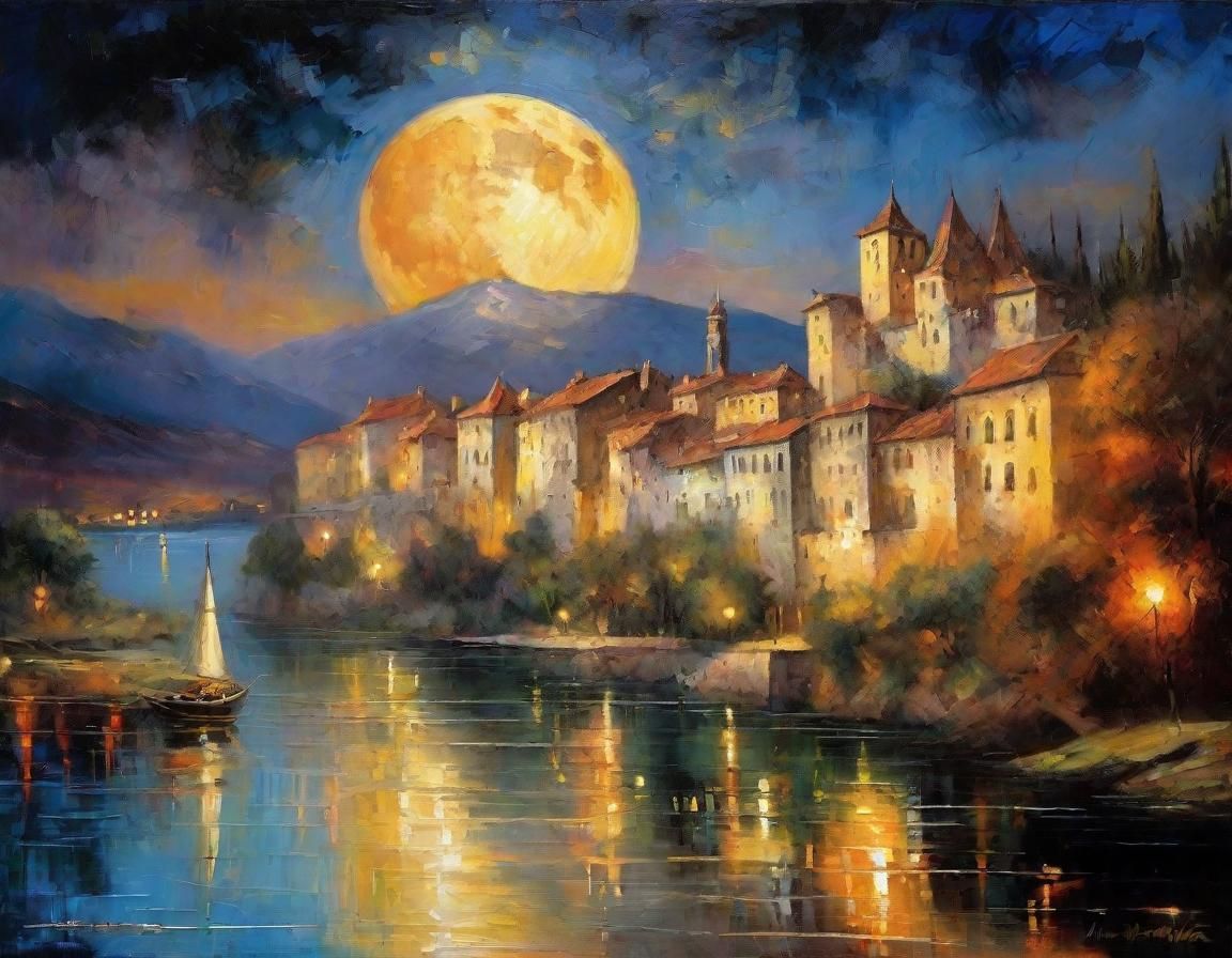 Italian Lake Village with Castle in Baroque Style