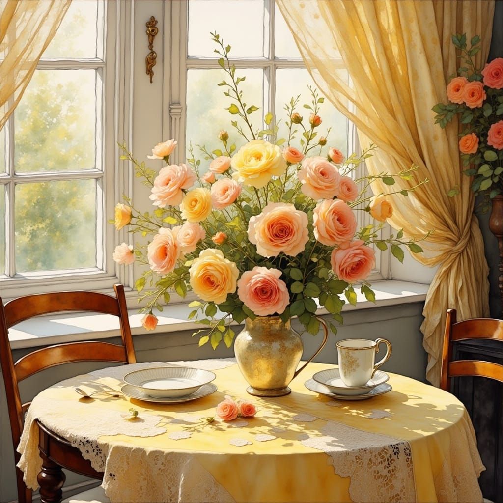 Impressionist Masterpiece with Vibrant Rose Bouquet