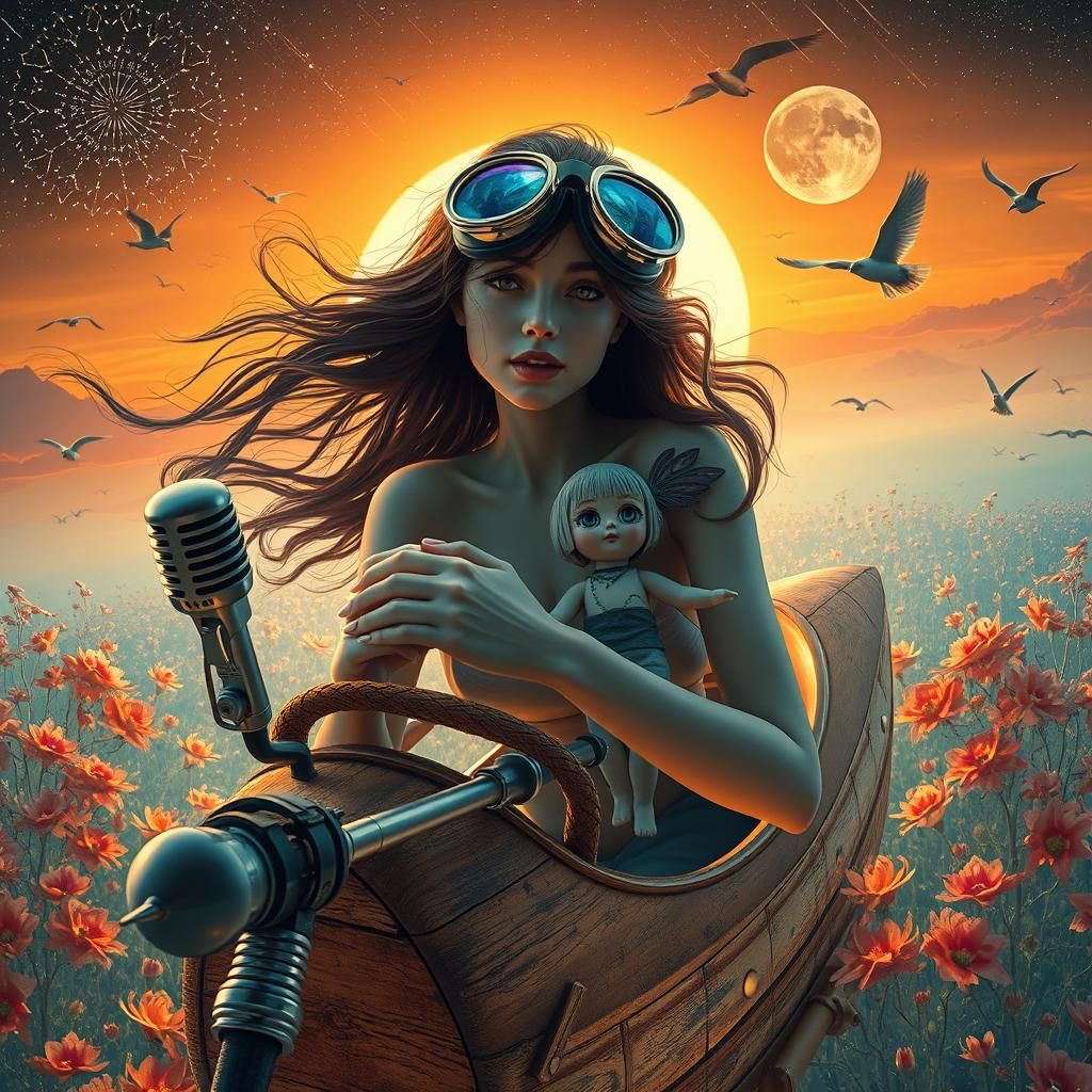 Woman Sails a Sunset Galaxy in Surrealist Style