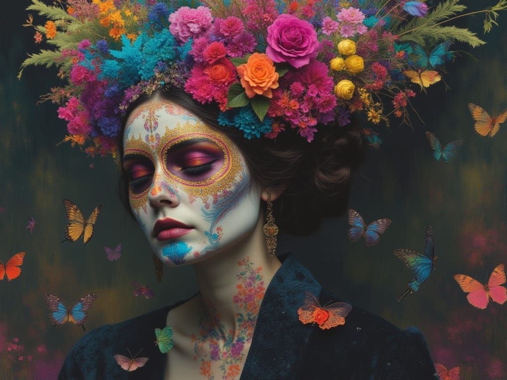 Dia de Los Muertos Woman with Butterflies in Autochrome Styl...
