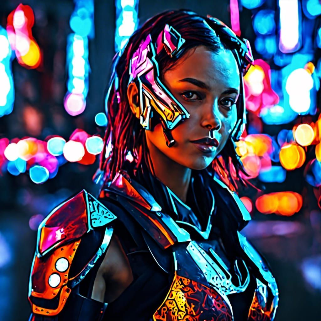 Cyborg Girl in Neon City: Hyperrealistic Portrait