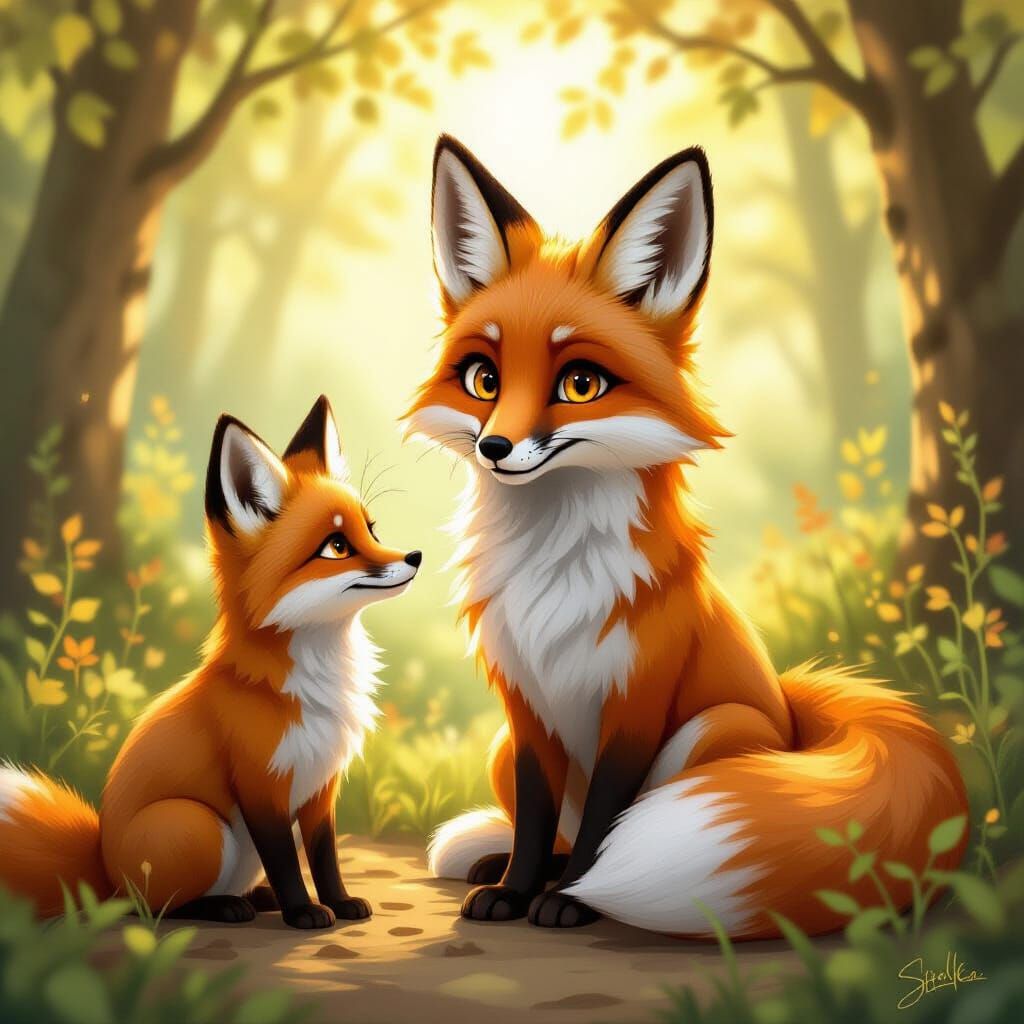 Fox Person and Fox Companion in Sun-Dappled Forest