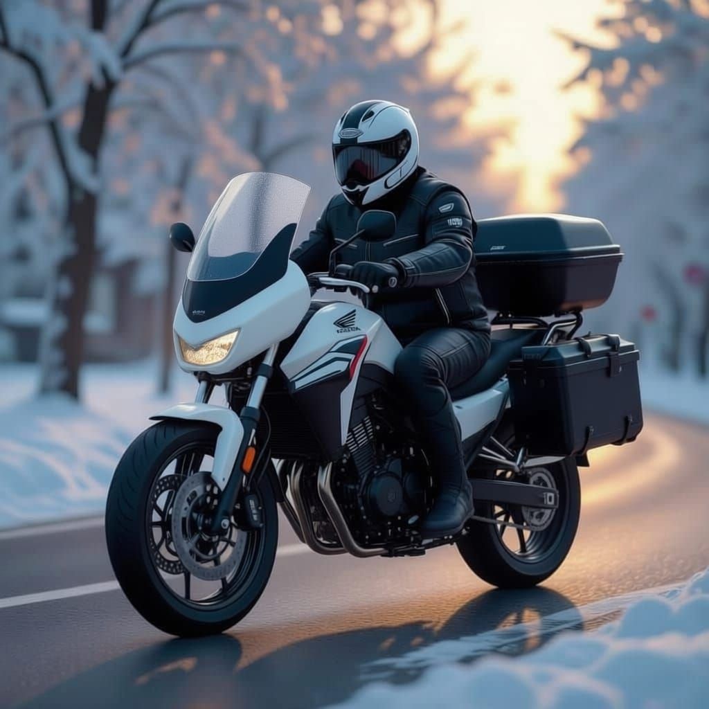 Man in Motorcycle Gear Rides on New Year's Day
