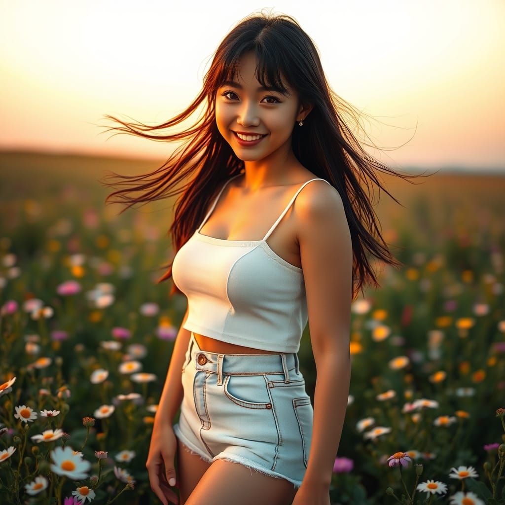 Smiling Woman in Wildflower Field at Dawn