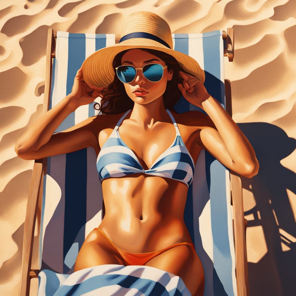Woman on Beach Lounge Chair in Oil Painting Style