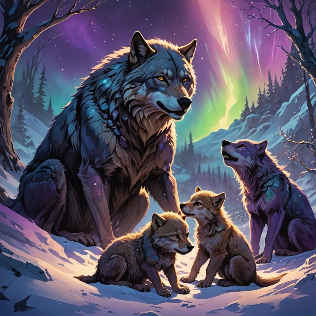 Lycanthrope Mother and Cubs in Snowy Den