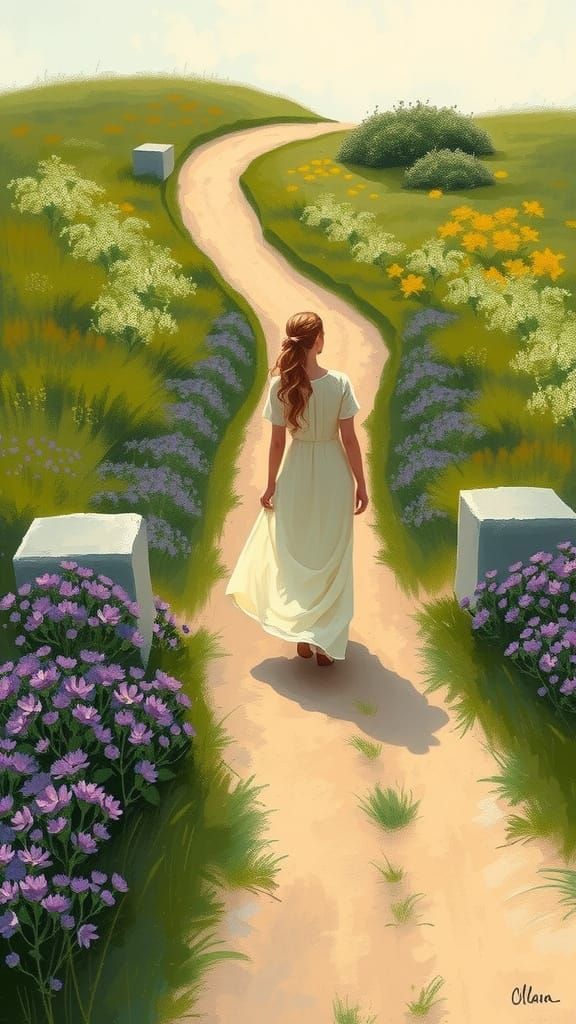 Impressionistic Figure in Field of Clover as Monet Painting