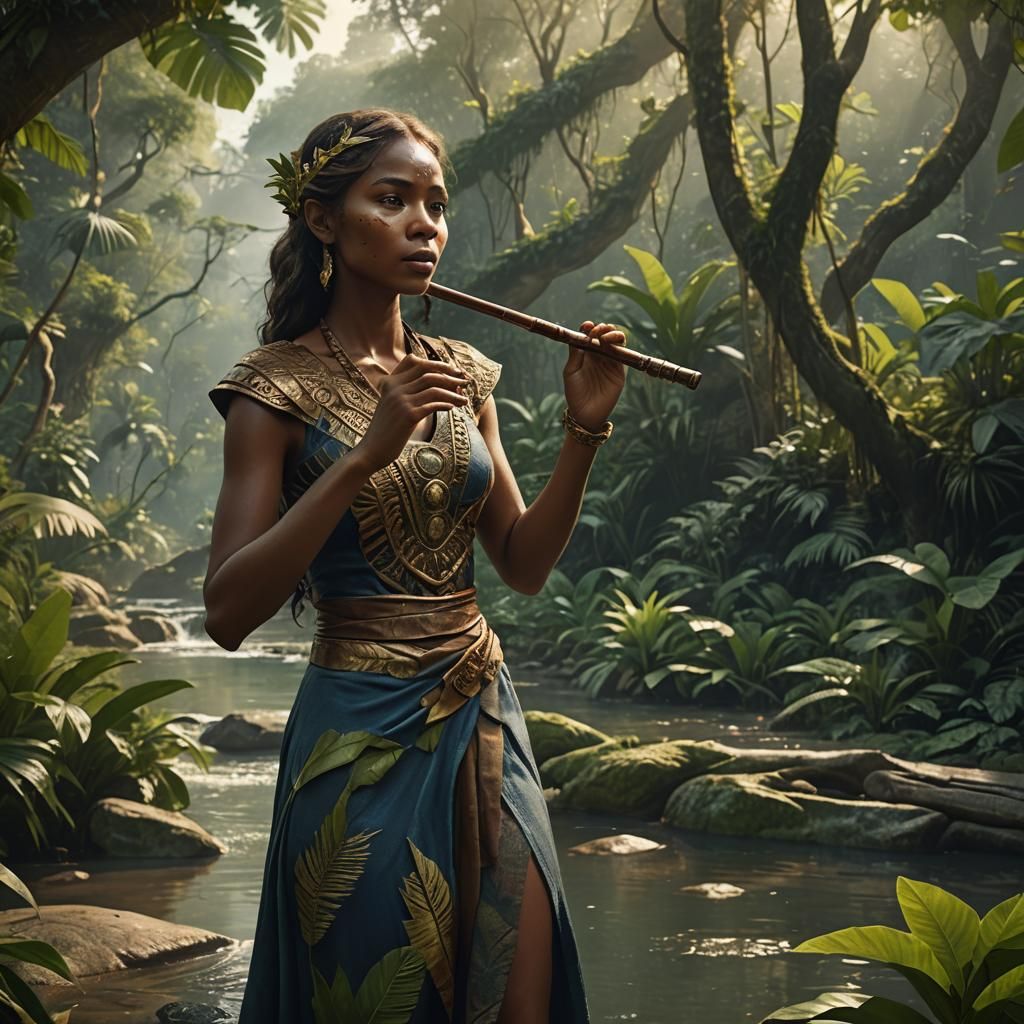 Jungle Flute Player in Art Nouveau Style
