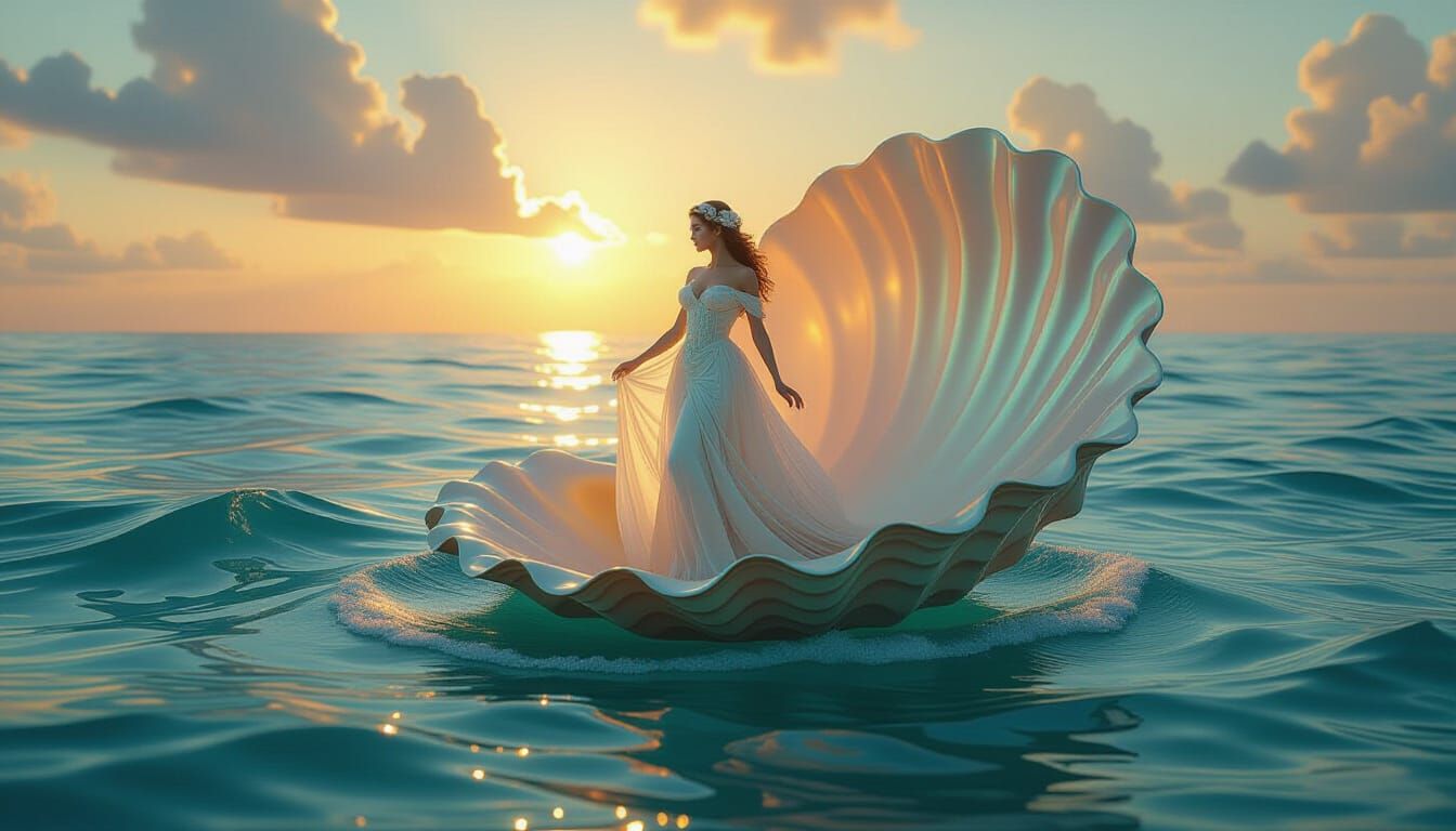 Ethereal Venus Rises from Iridescent Shell in Golden Hour Li...