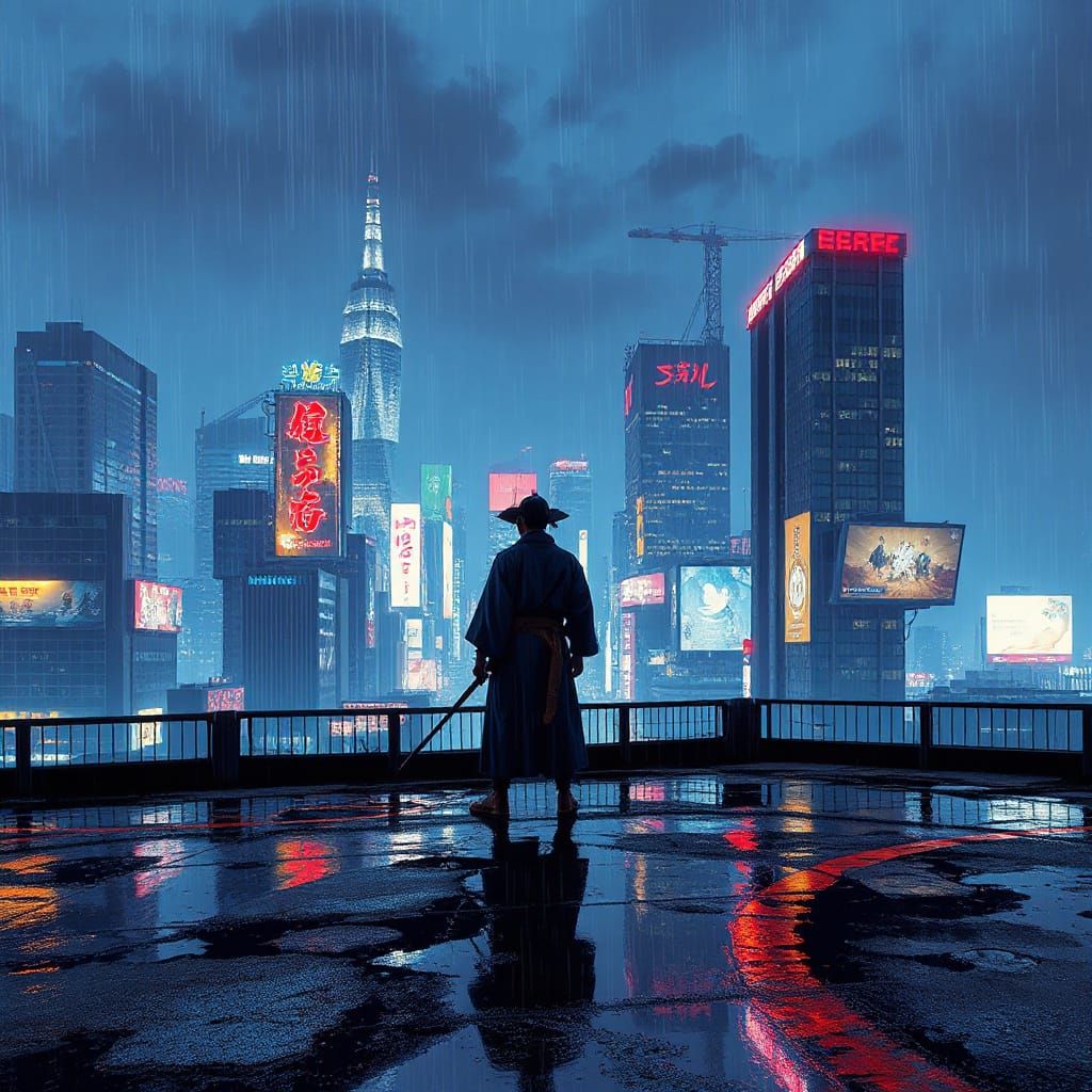 Samurai Warrior Overlooking Neon Cyberpunk Cityscape at Dusk