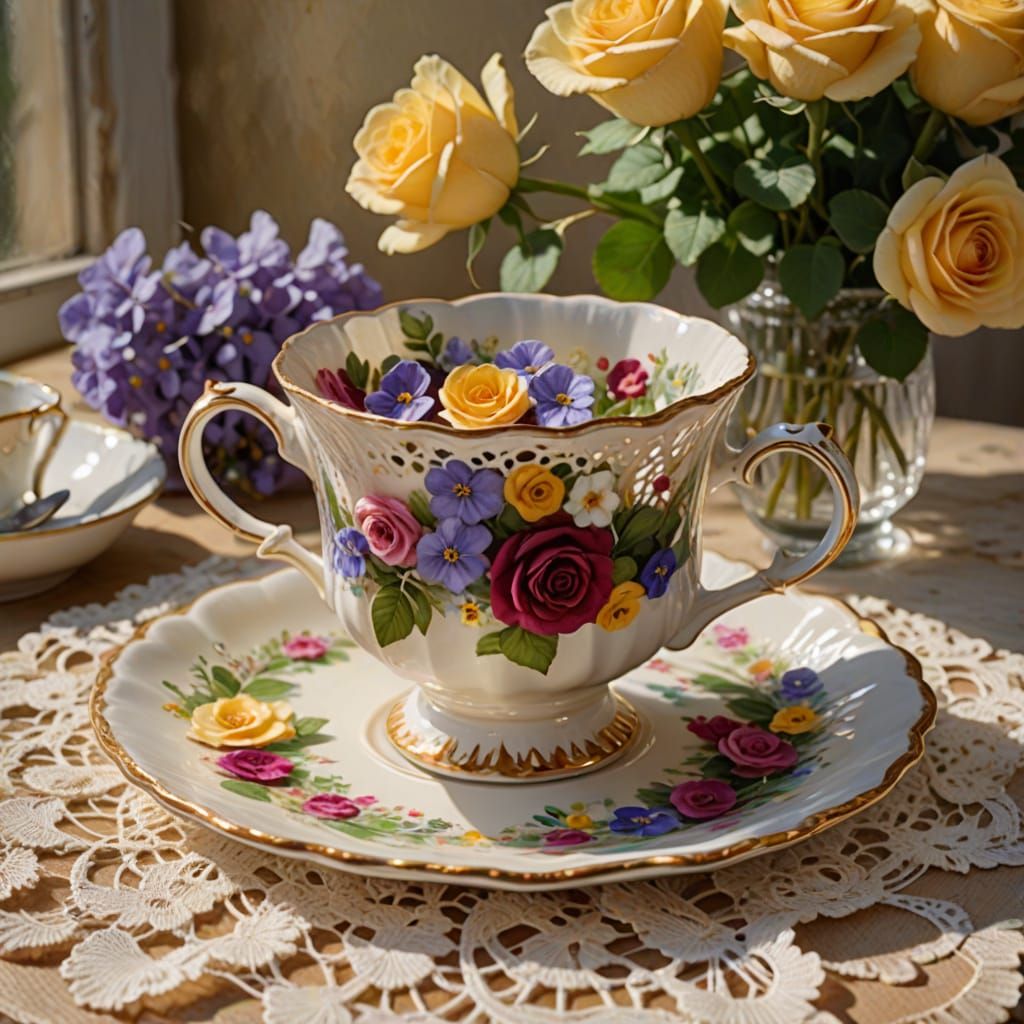 Floral Teacup Still Life in Impressionist Oil Painting Style