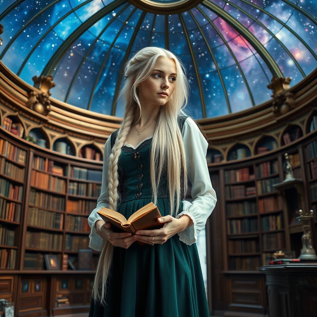Fantasy Goddess in a Dreamlike Bookstore Scene