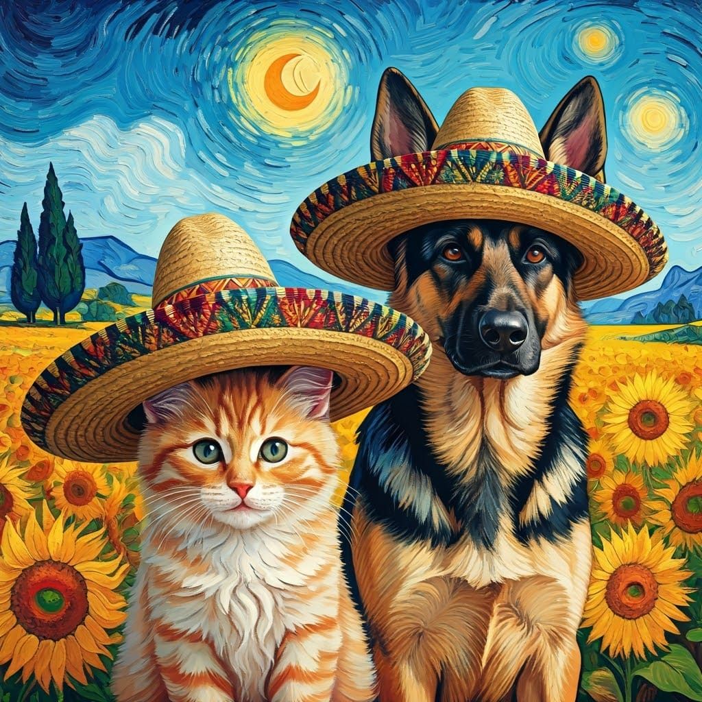 Kitten and Shepherd in Sunflower Field, Van Gogh Style