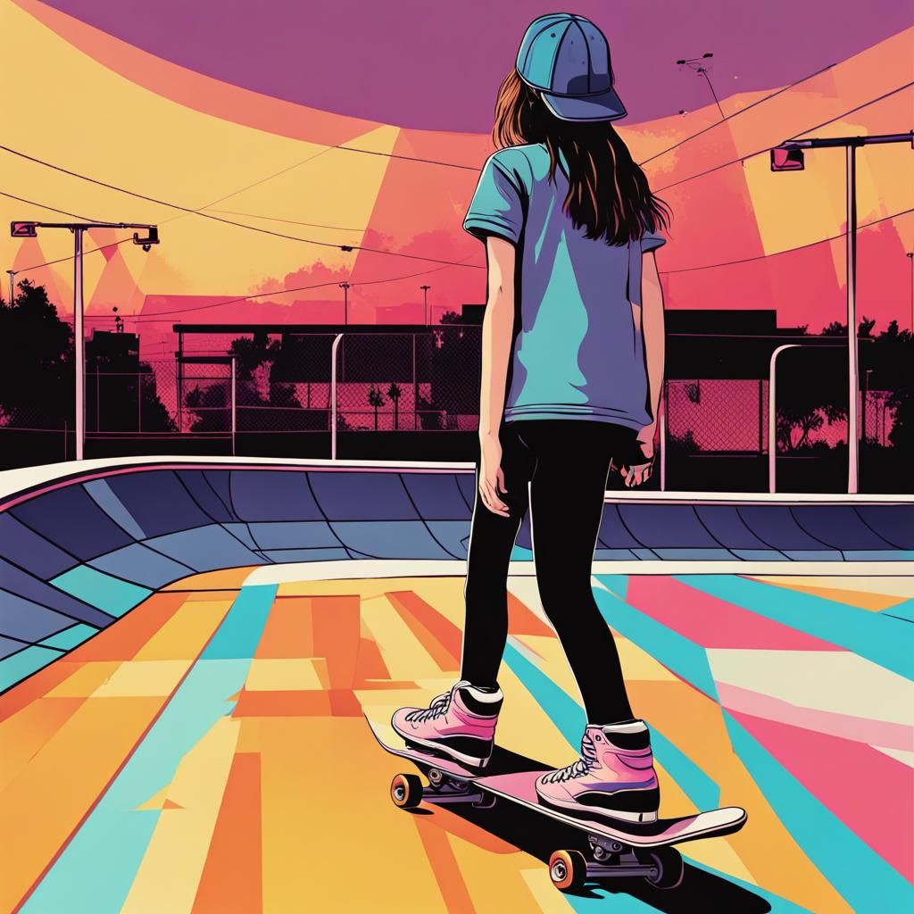 Teen Girl Skateboarding at Sunset in Pop Art Style