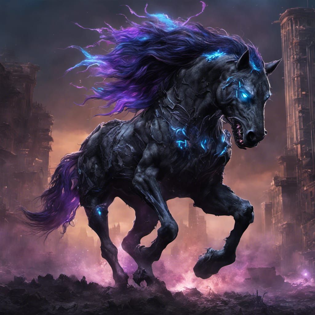 Demonic Horse-Wolf Hybrid in Post-Apocalyptic City