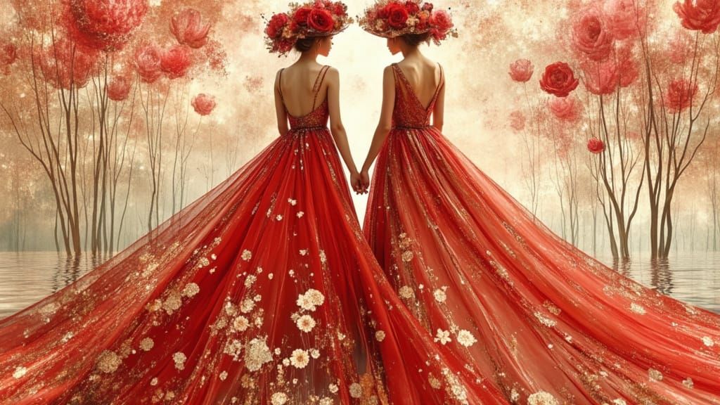 Elegant Women in Floral Dresses, Art Nouveau Style