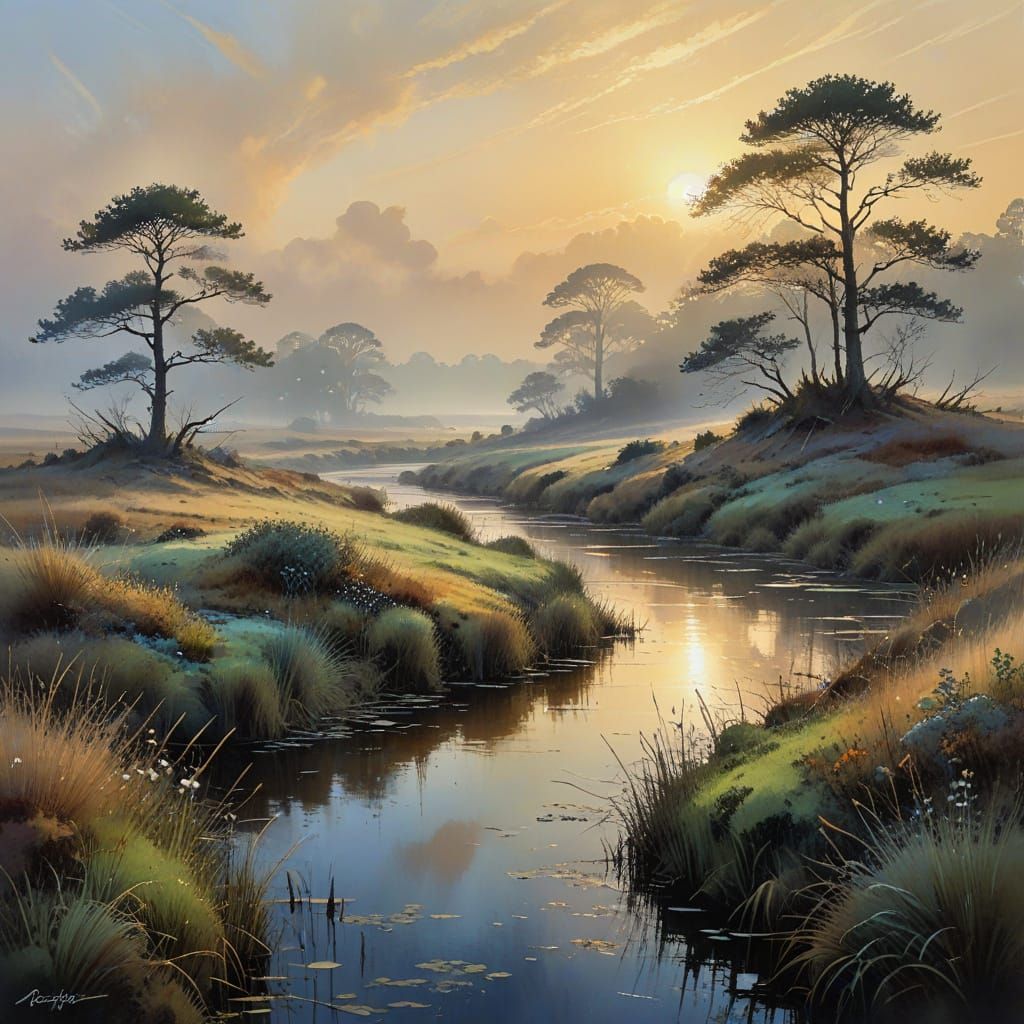 Golden Evening Mist Over a Mystical Moor