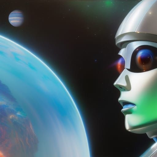 Android Gazing at Planet in Anime Style