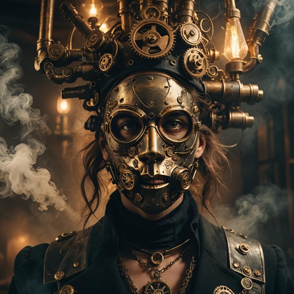 Steampunk Horror: Creepy Mask in Dimly Lit Room