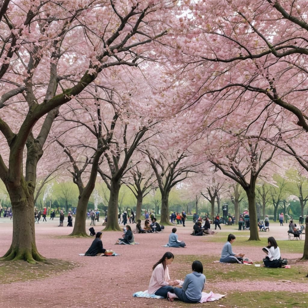Serene Park with Cherry Blossom Trees