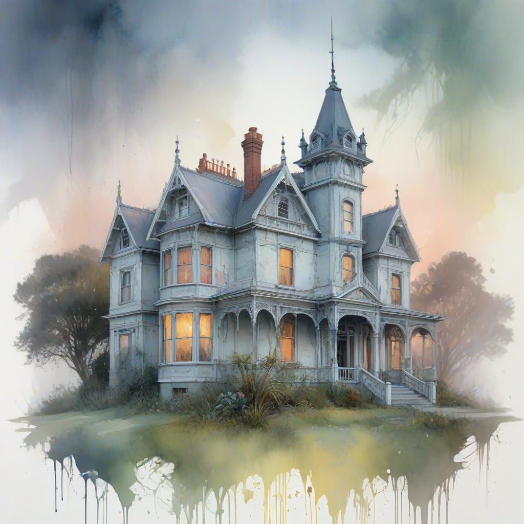 Elegant Victorian Manor Shrouded in Twilight Mist