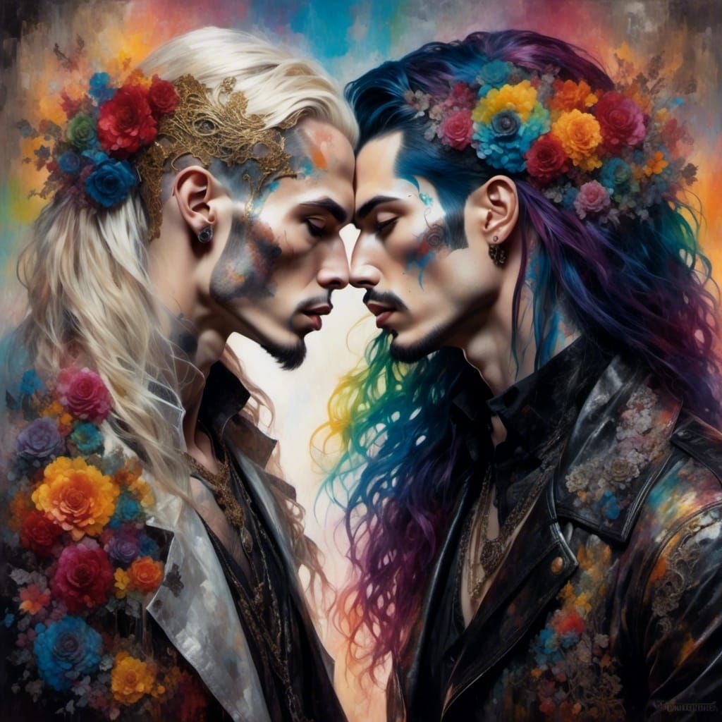 Goth Metalhead Gay Couple Portrait in Floral Frame