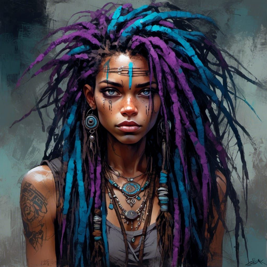Mysterious Woman with Purple Dreadlocks: Painted Art